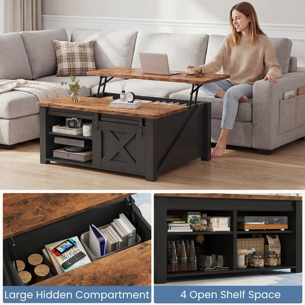 31.5" Wood Lift Top Coffee Table with Adjustable Storage Shelf