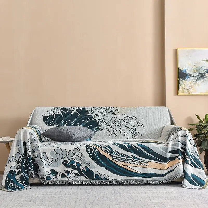 Japanese Ukiyo-e Great Wave Jacquard Throw Blanket