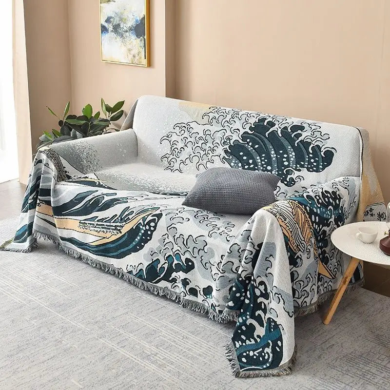 Japanese Ukiyo-e Great Wave Jacquard Throw Blanket