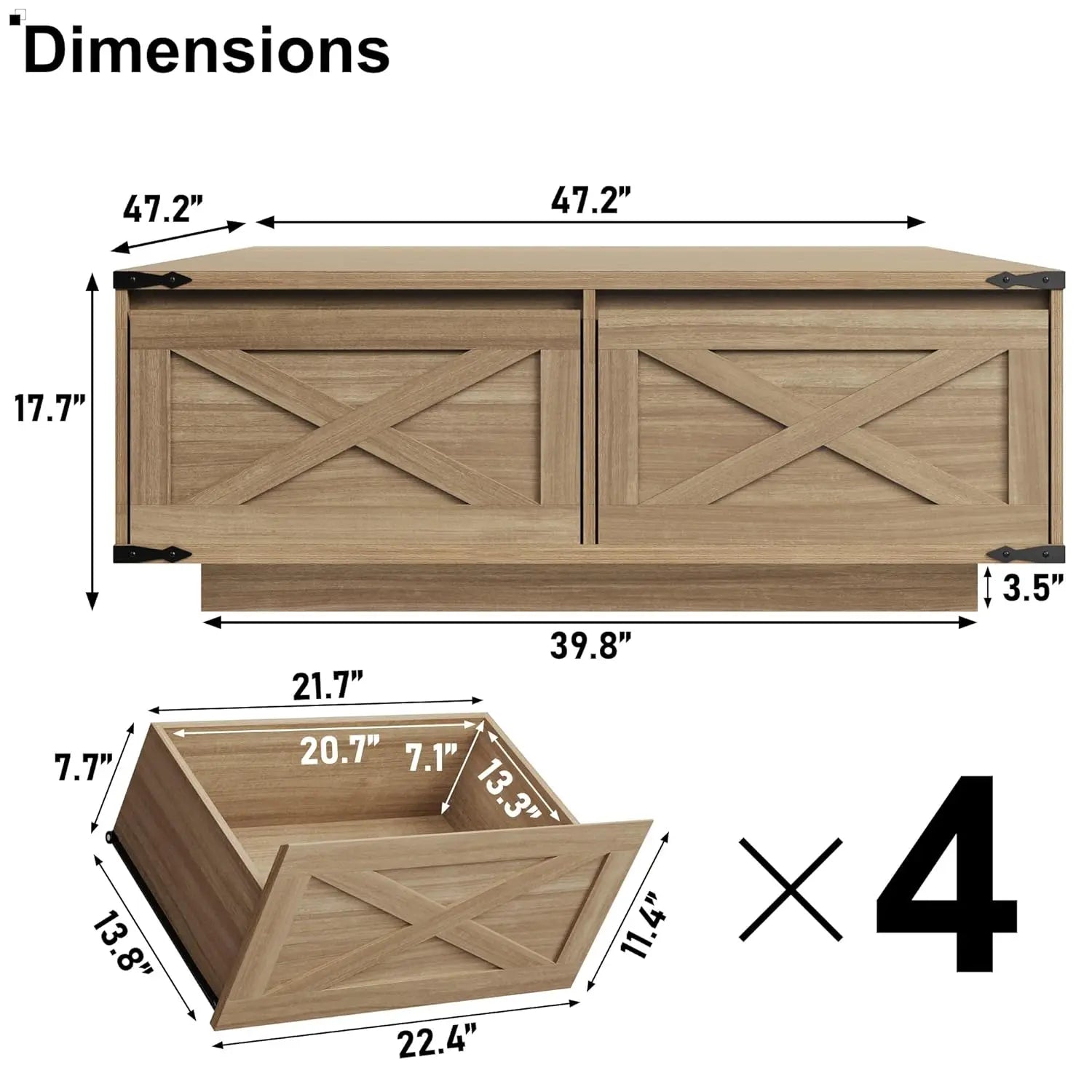 Farmhouse Square Coffee Table with 4 Storage Drawers
