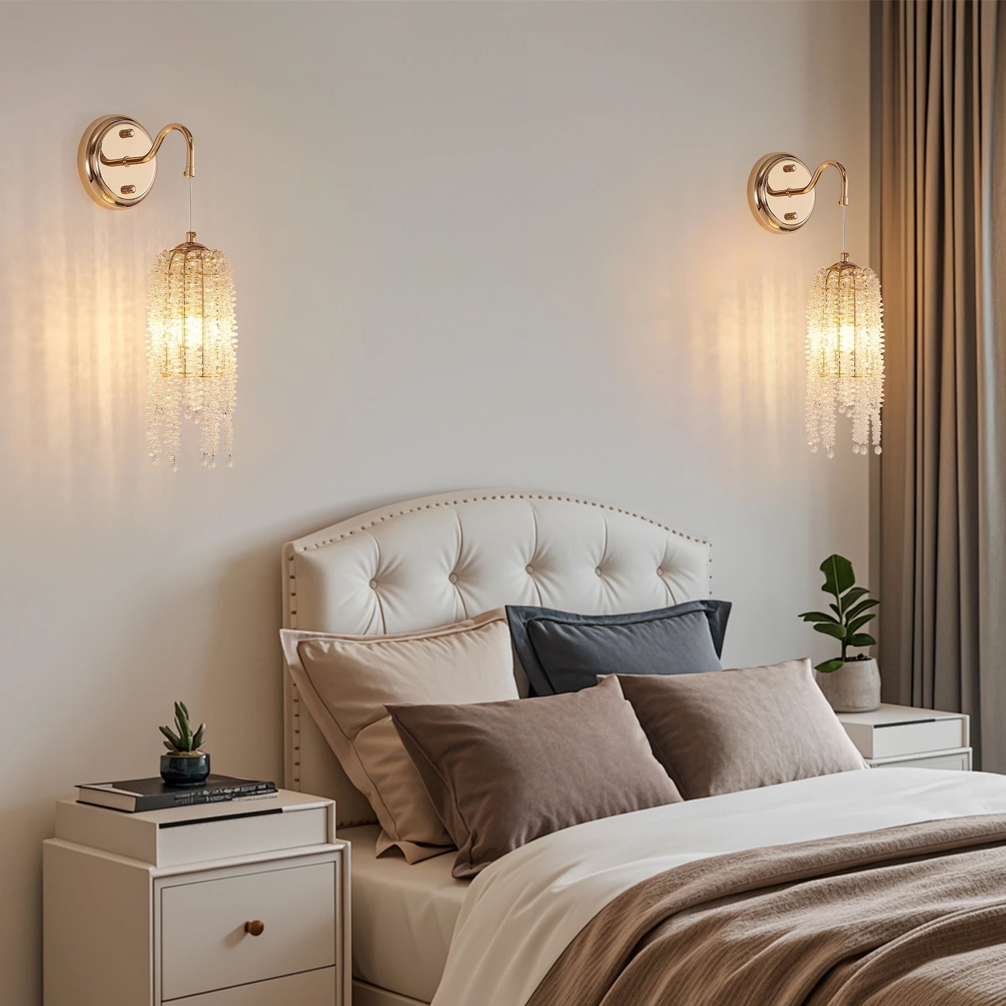 Gold Cascading Crystal Bead String Wall Sconces Set of 2