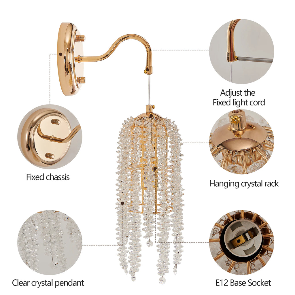 Gold Cascading Crystal Bead String Wall Sconces Set of 2