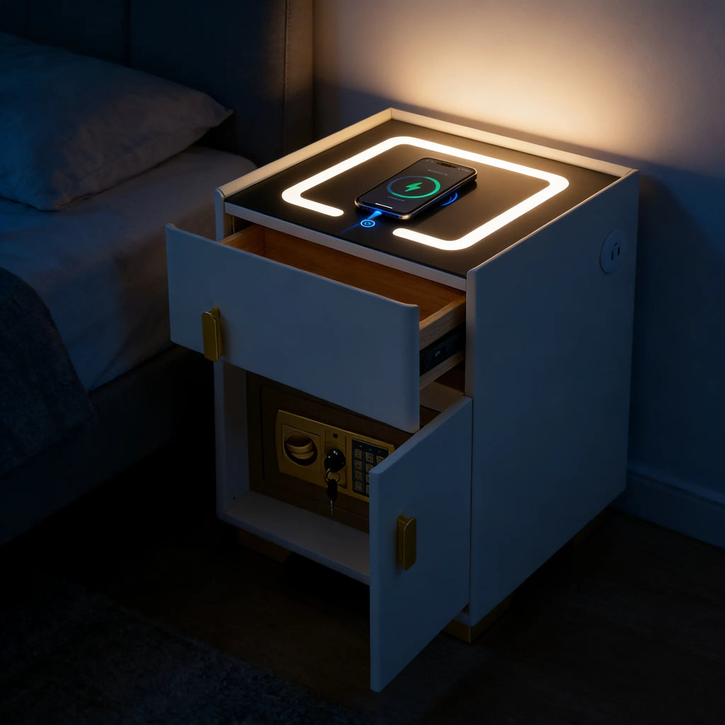 Smart Nightstand w/ Drawer, Safe & Wireless Charging