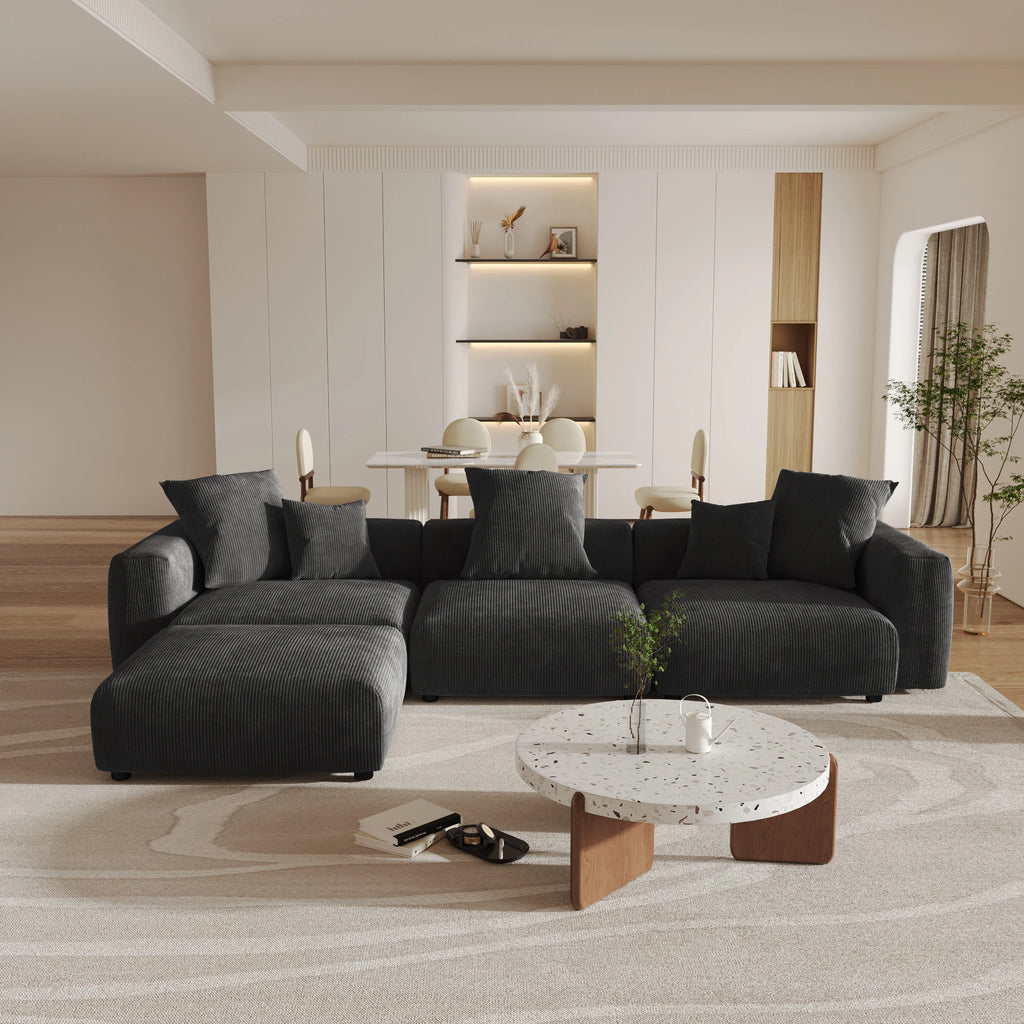 Sdorens 141.73'' L Shape Sectional Sofa Corduroy Fabric Couches Oversized 3 Seater Couch with 1 Ottomans for Living Room Set
