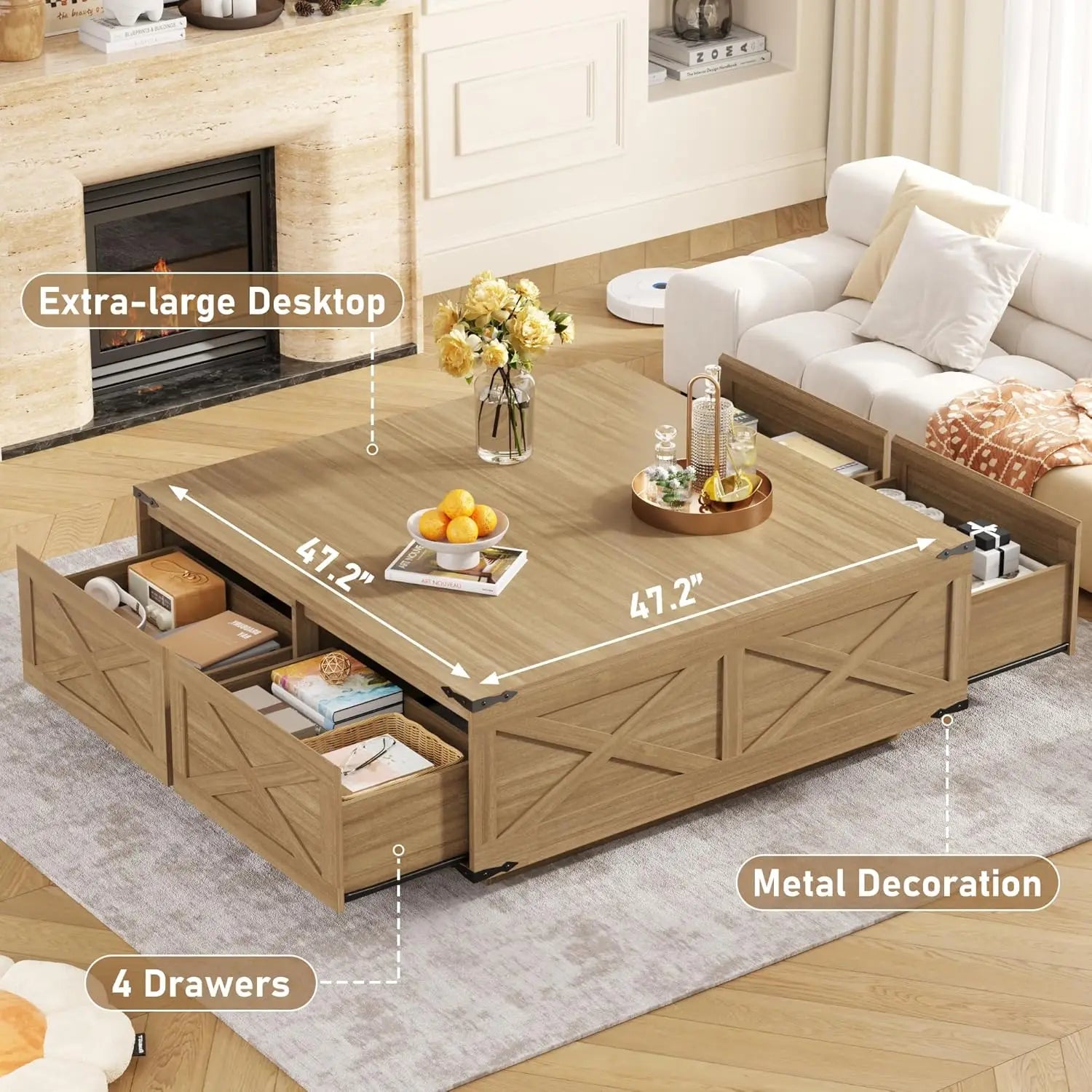 Farmhouse Square Coffee Table with 4 Storage Drawers