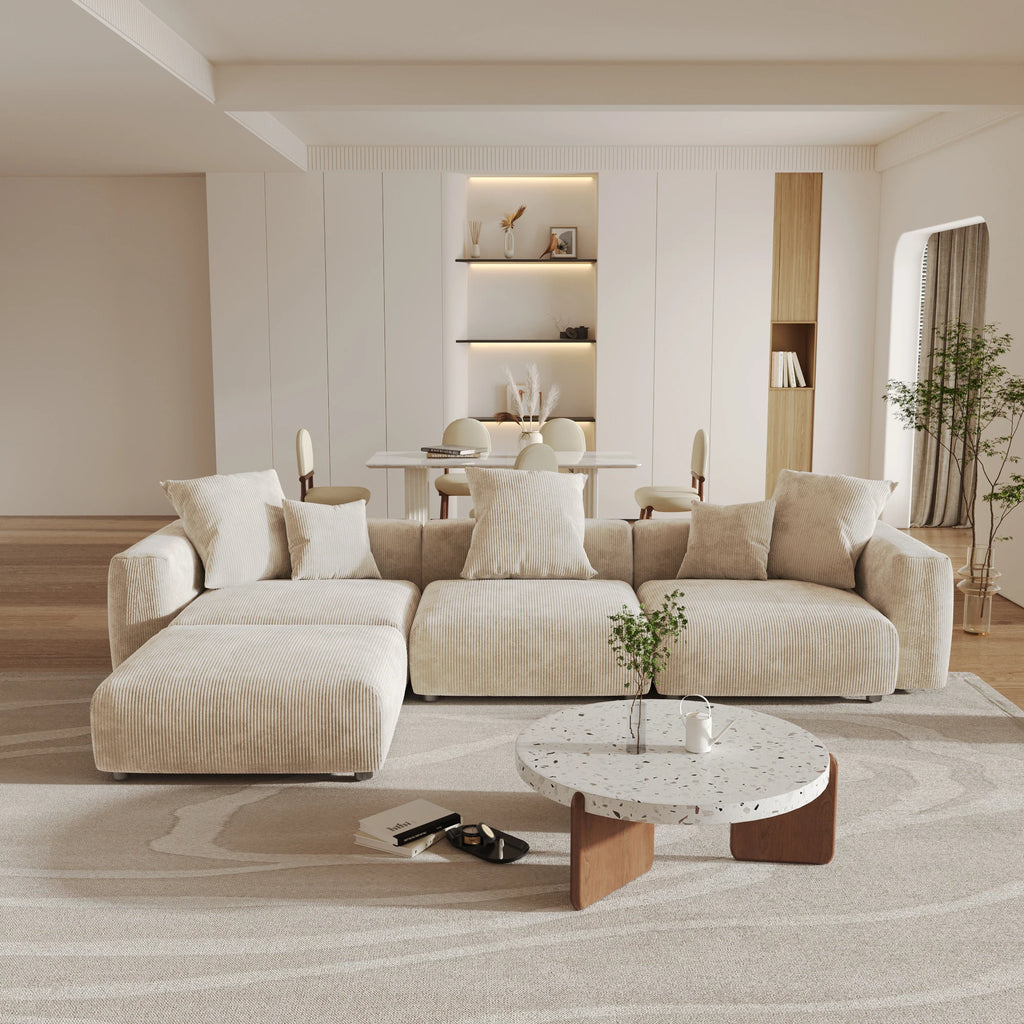 Sdorens 141.73'' L Shape Sectional Sofa Corduroy Fabric Couches Oversized 3 Seater Couch with 1 Ottomans for Living Room Set