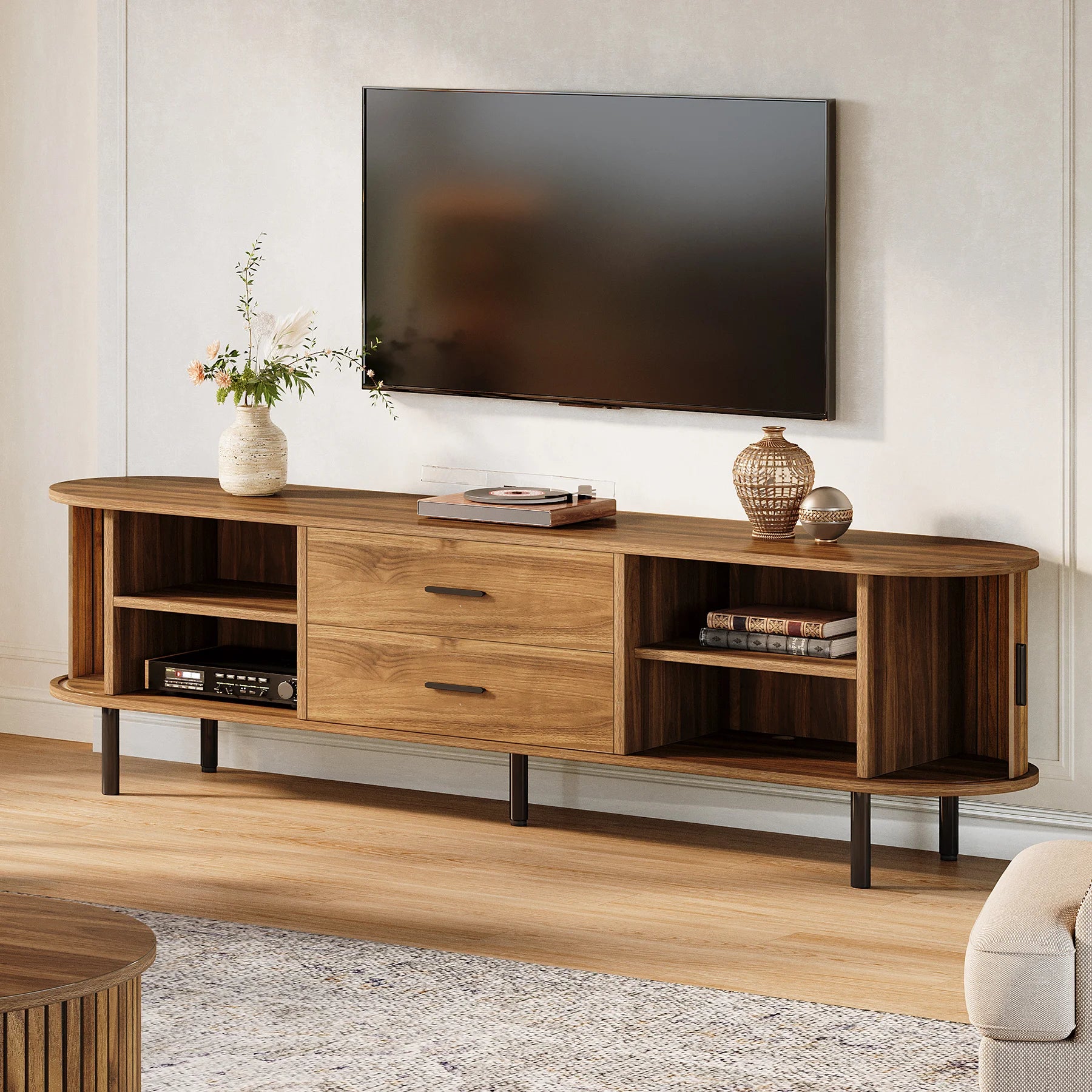Mid-Century Modern TV Stand with Sliding Tambour Door