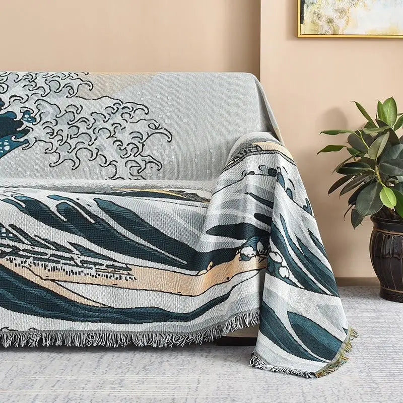 Japanese Ukiyo-e Great Wave Jacquard Throw Blanket