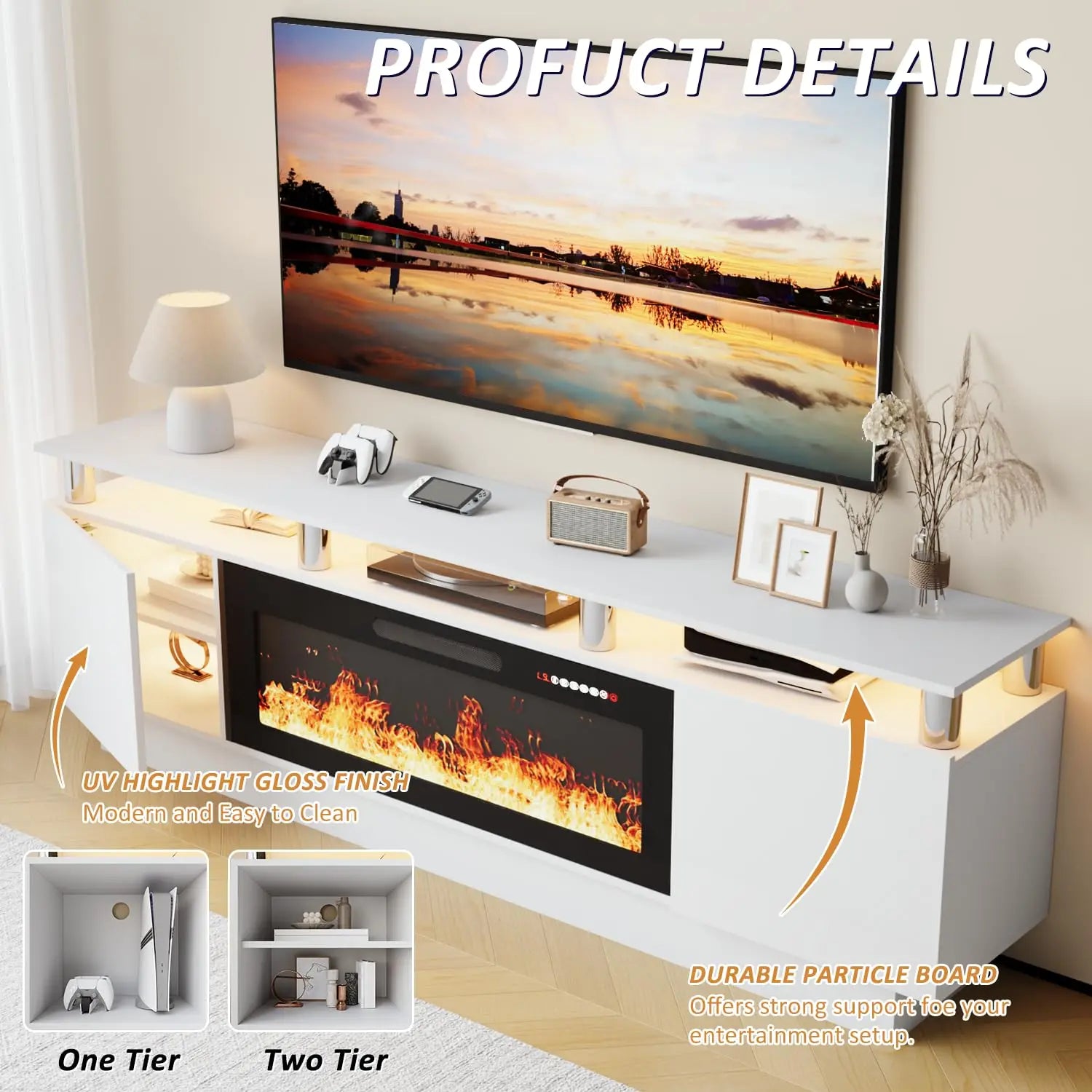 Modern Electric Fireplace TV Stand & Remote