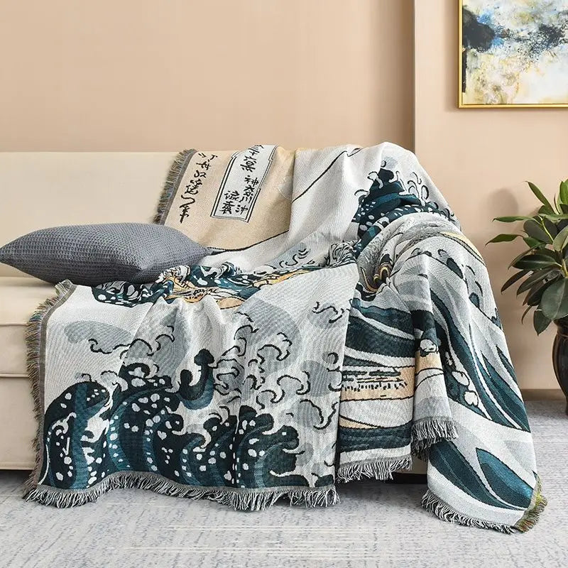 Japanese Ukiyo-e Great Wave Jacquard Throw Blanket