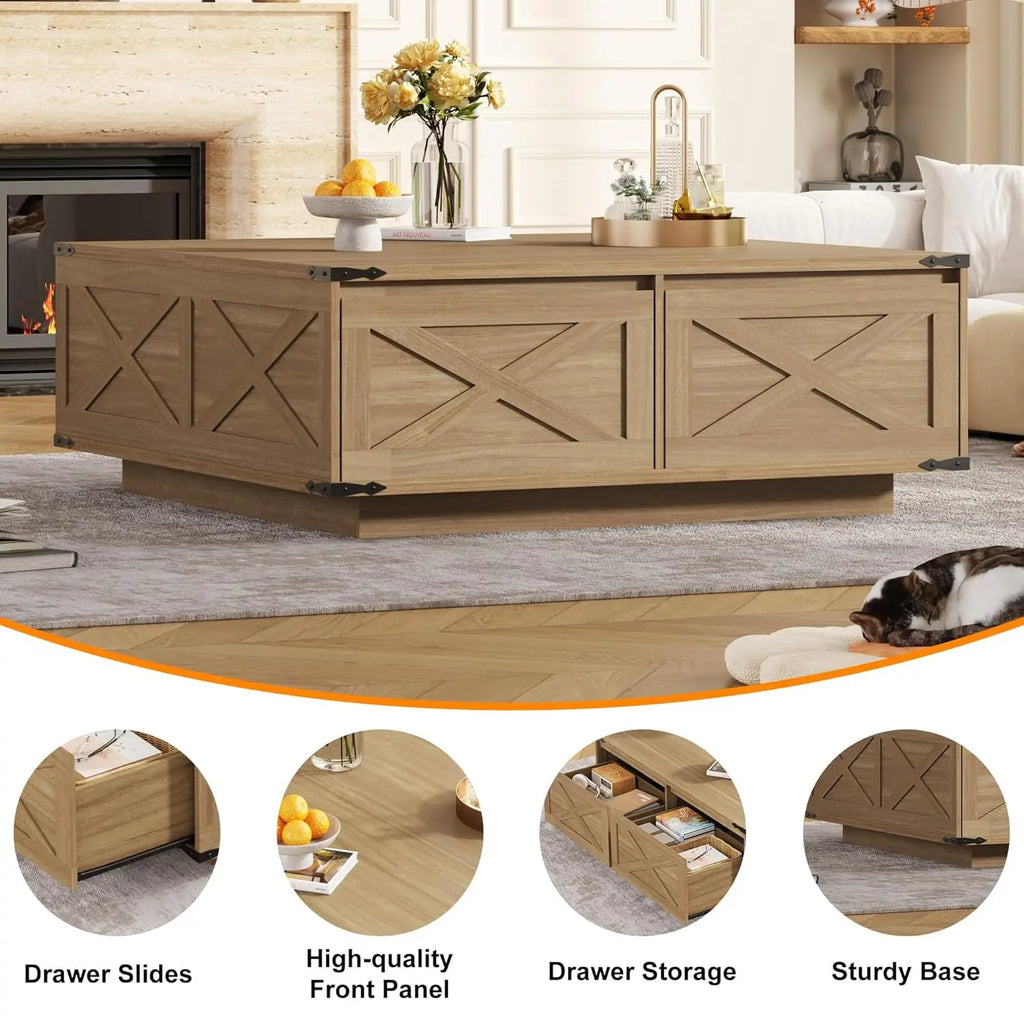 Farmhouse Square Coffee Table with 4 Storage Drawers