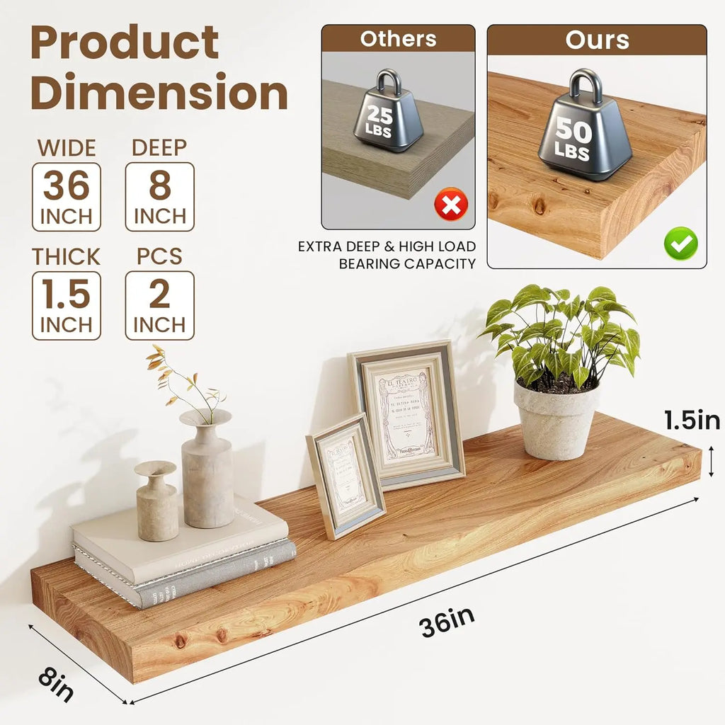 Rustic Elm Wood Floating Shelves, 36 Inch Set of 2