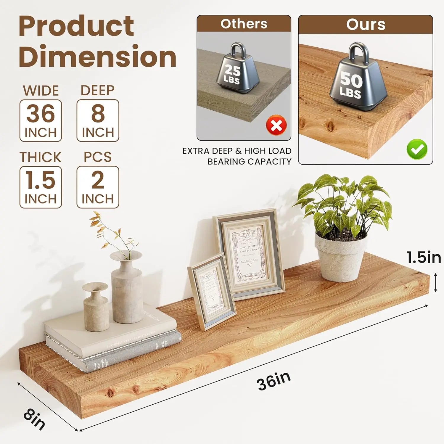 Rustic Elm Wood Floating Shelves, 36 Inch Set of 2