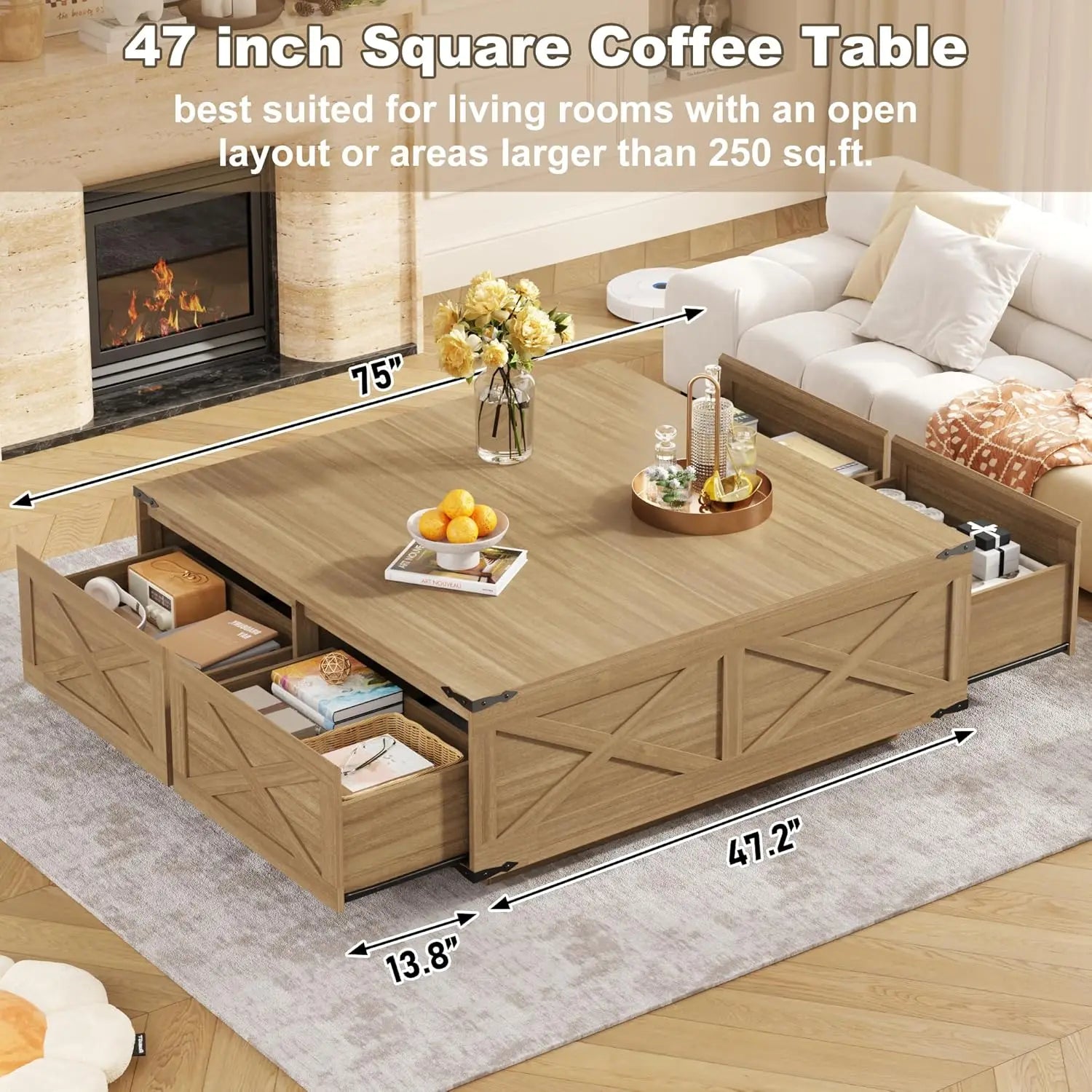 Farmhouse Square Coffee Table with 4 Storage Drawers