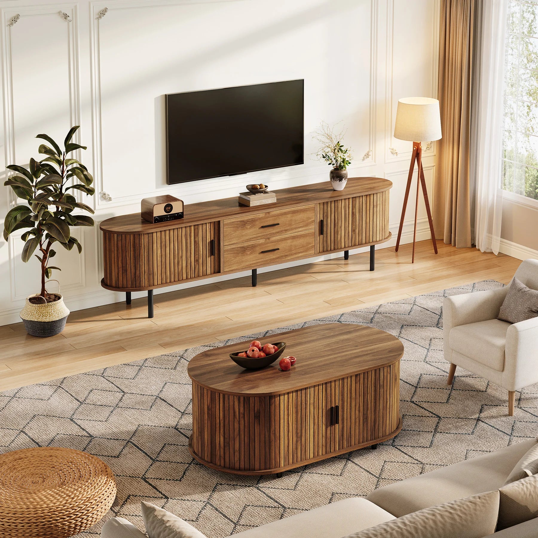 Mid-Century Modern TV Stand with Sliding Tambour Door