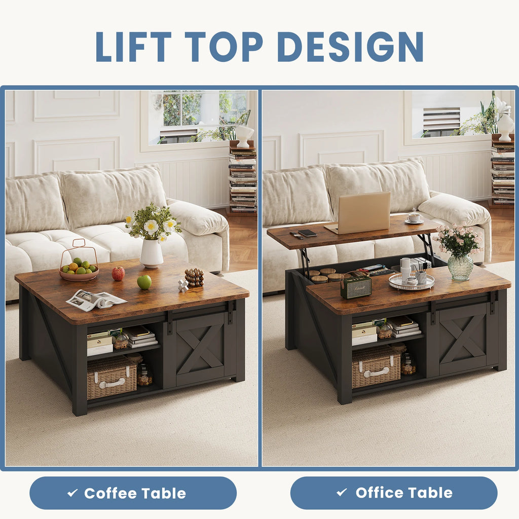 31.5" Wood Lift Top Coffee Table with Adjustable Storage Shelf