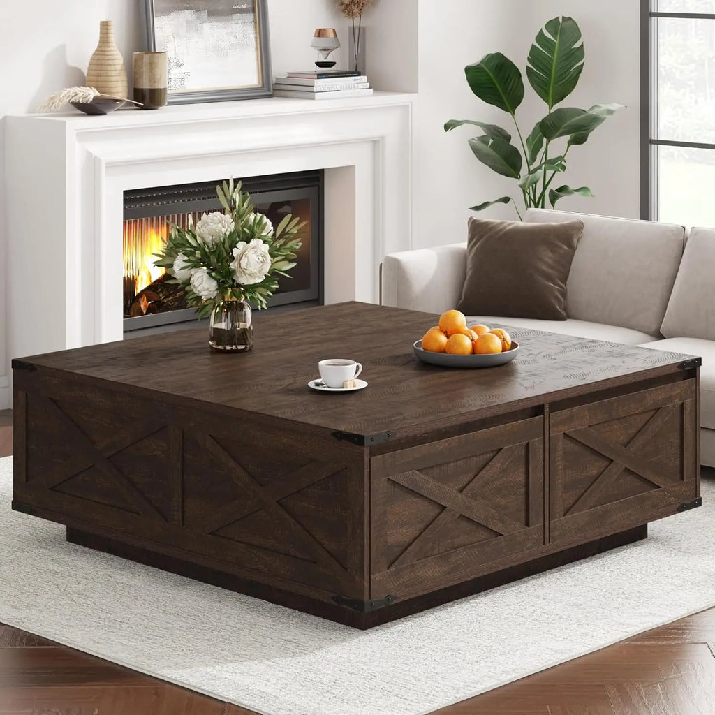 Farmhouse Square Coffee Table with 4 Storage Drawers
