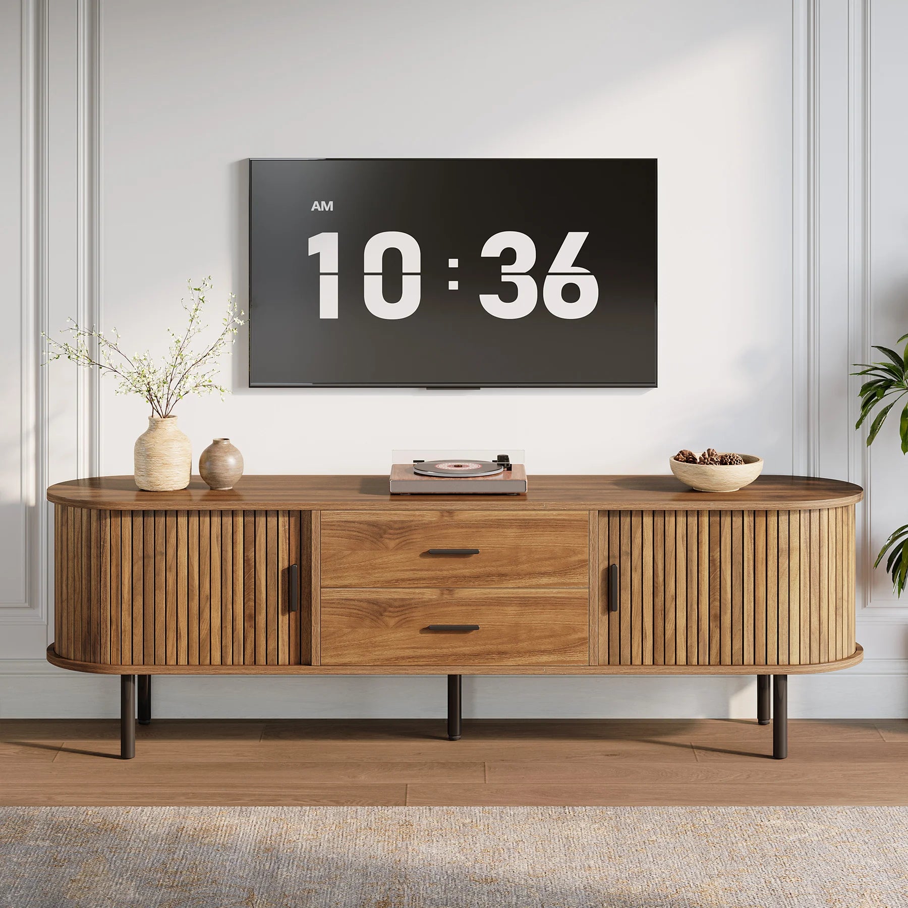 Mid-Century Modern TV Stand with Sliding Tambour Door