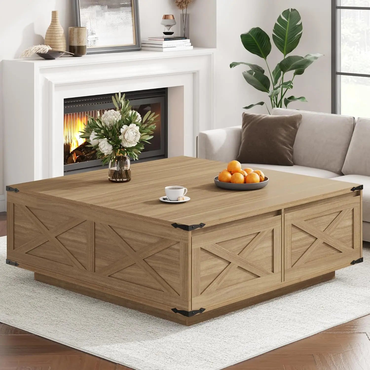 Farmhouse Square Coffee Table with 4 Storage Drawers