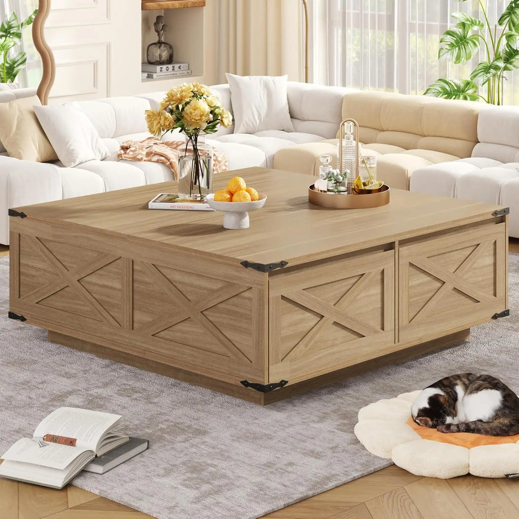 Farmhouse Square Coffee Table with 4 Storage Drawers