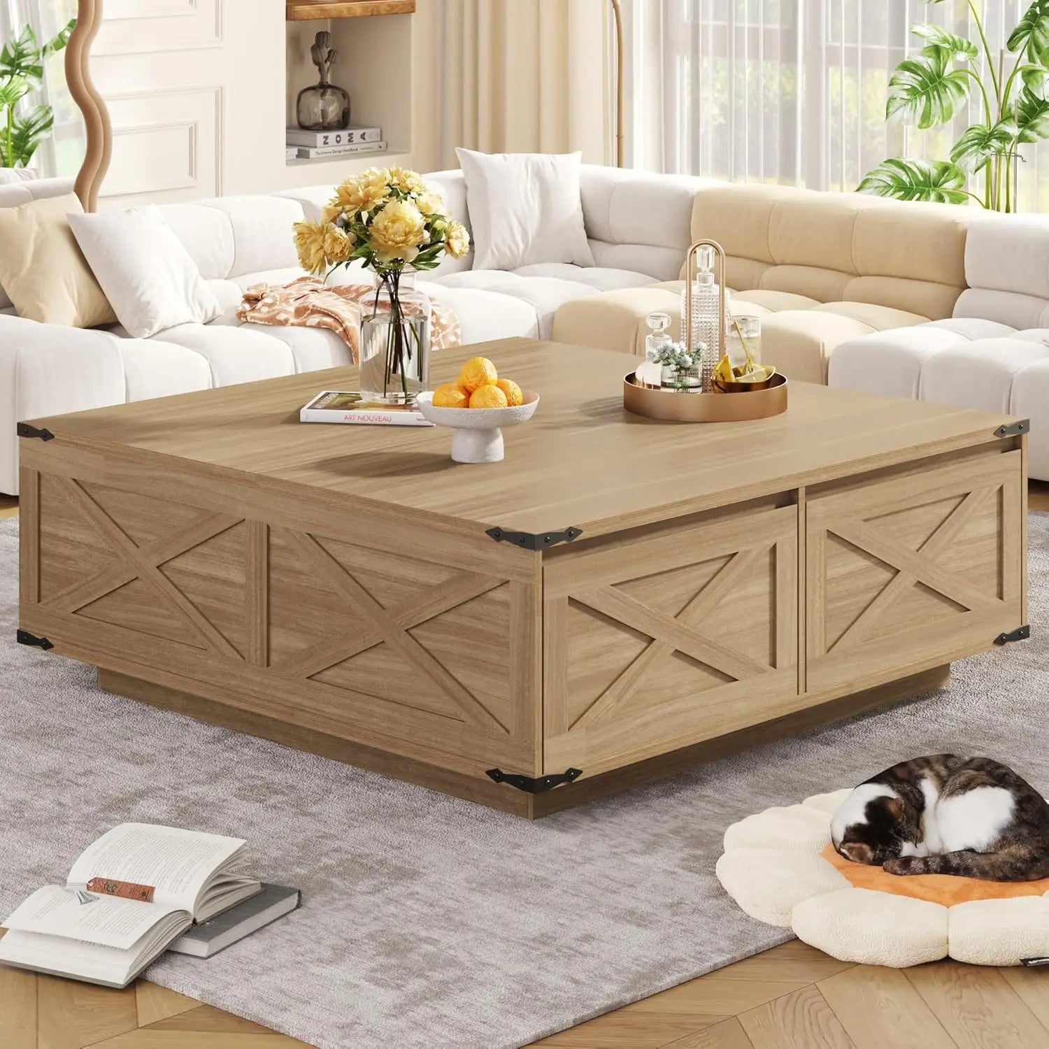 Farmhouse Square Coffee Table with 4 Storage Drawers